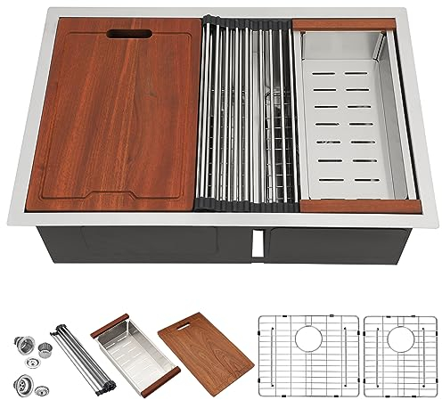 Lordear Unterbau-Küchenspüle, 71,1 cm, 16 Gauge, Unterbau-Workstation 60/40, Doppelbecken, Küchenspüle, Edelstahl mit intelligenter niedriger Trennwand, 71,1 x 48,3 cm, Doppelwaschbecken