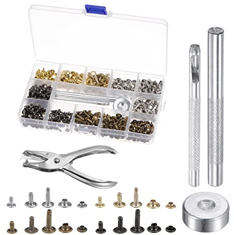 sourcing map 240 Set Leder Rivets Kit 4 Farben 3 Größe Metall Nieten Doppel Kappe Niete 3Stk Einstellung Werkzeuge und Zangen für Leder Gewebe Reparatur Dekoration
