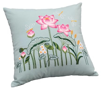 Easnea DIY Embroidery Pillow Covers Kit Pillow Case Kit Home Decoration Cushion Cover with Flower Pattern Embroidery Pillowcase Kit Decorative Pillow Cover (Lotus)