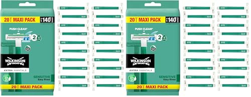 Wilkinson Sword Extra 2 Sensitive - 20 Maquinillas de Afeitar Desechables de 2 Hojas para Hombre, Mango Antideslizante y Botón de Limpieza (Paquete de 2)