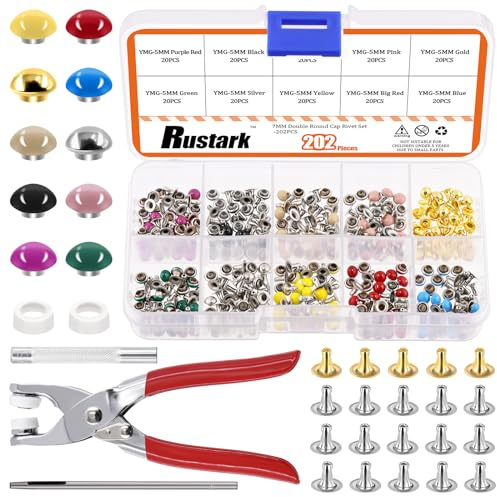 Rustark 200 Sets 5mm Double Round Cap Leather Rivets with 5Pcs Fixing Tools Kit, 10 Colors Double Cap Rivet Round Metal Studs for DIY Leather Craft Decorations
