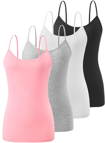 Knuffnee Damen Unterhemden Verstellbare Spaghetti Tops Basic Cami Tank Top 4er Pack Schwarz/Weiß/Grau/Rosa S