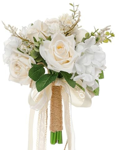 Wnvivi Bouquet da Sposa Champagne Bianco, Bouquet da Damigella d'Onore della Sposa, Bouquet di Fiori Artificiali con Nastro per la Cerimonia Nuziale