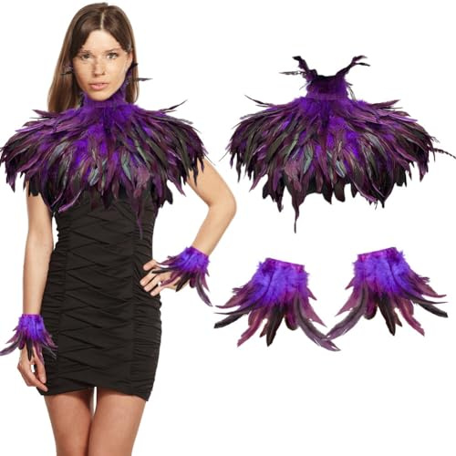 3er Set Gothic Feder Umhang, mit Feder Manschettenarmbänder Gothic Feder Epauletten Umhang Schal Schulterumhang Schultertuch Victorian Shrug Feder Kragen Schulter Schal ür Halloween Kostüm Fasching