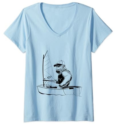 Damen Lustiges Bigfoot Optimist Segelboot Segelboot Segeln Sasquatch T-Shirt mit V-Ausschnitt