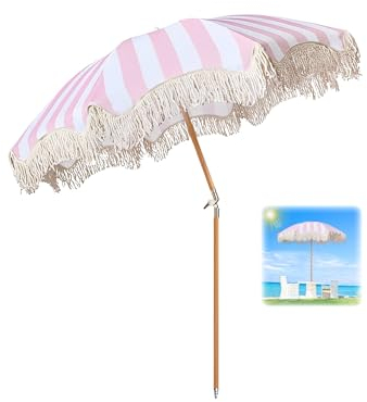 ELZEM Rosa Gartenschirm Mit Quasten 180cm Sonnenschirm Uv Schutz Strandschirm Neigbar Balkonschirm 8 Rippen Terrassenschirm Wasserdicht Mit Tragetasche Für Terrasse Balkon Pool/Knickfunktion