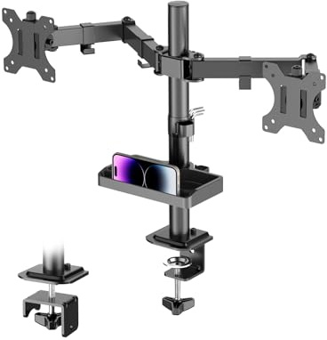 Dual Monitor Stand with Storage Shelf FORGING MOUNT Monitor Desk for 2 Computer Monitors 13”-27” with Height Adjustable, Swivel, Tilt, Rotation, with VESA 75/100mm