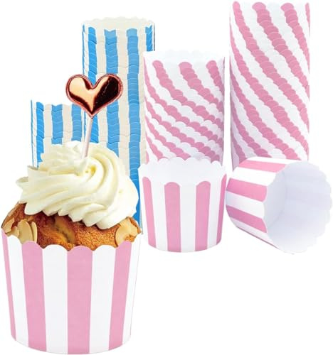 Cupcake Wrapper, Rosa und Blau Muffin Papierförmchen, Muffin Förmchen Papier,Geburtstage, Hochzeiten, für Halloween, Partys,Streifen, 100 Stück