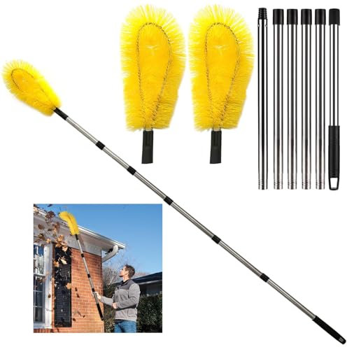TIFDANNA Gutter Cleaning Tools,10.5 feet Long Gutter Cleaning Tools from The Ground,Gutter Cleaner Ability to Easily Clear roof Leaves and Debris（8 Stainless Steel Tubes and 2 Yellow Brush Heads）