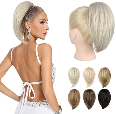 REECHO Ponytail Extension, kurzer glatter Ponytail Extension, Haarkrallen Dutt Haarteil unordentlicher Dutt natürliches Kunsthaar falscher Pferdeschwanz Haarverlängerung für Damen - Perlblond