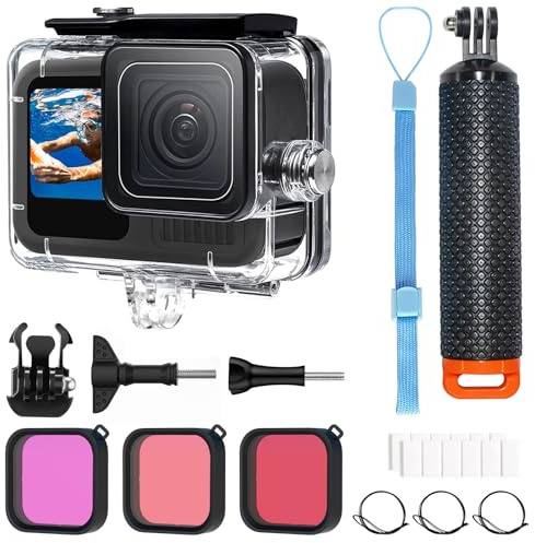 OKFUN Wasserdichtes Gehäuse mit 3 Filtern für Go Pro Hero 13/Hero 12/Hero 11/Hero 10/Hero 9 Schwarz, 60 m/196 Fuß Unterwasser-Tauchgehäuse, Einbeinstativ, schwimmender Griff | Wasserdichtes Gehäuse + 3er-Pack Filter + Einbeinstativ, schwimmender Handgriff, schützendes Unterwasser-Zubehör-Set