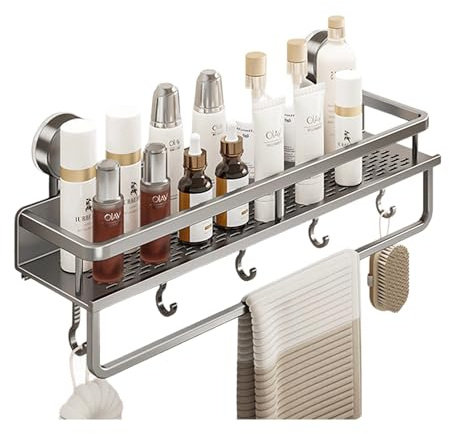 lesulety Duschablage Ohne Bohren Mit Saugnapf Duschregal Badablage Ohne Bohren Badezimmer Organizer Duschgel Halterung Mit Handtuchhalter für Shampoo Conditioner,Grau,50CM
