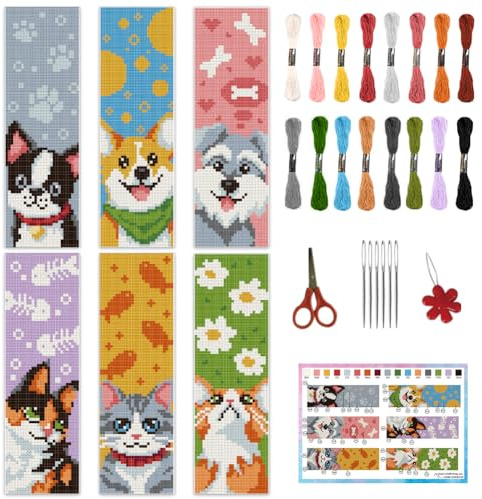 INFUNLY 6 x Kreuzstich Lesezeichen Set Mit Hunden Und Katzen Für Anfänger 8.66 x 3.15 Tiere Gestempeltes Stick Lesezeichen Set Haustier Nadelspitze Lesezeichen Set Mit Anleitung Für Buchliebhaber Le