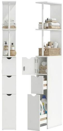 HOMCOM Hoher Badezimmerschrank freistehend schmal klein Weiß | Freistehender schmaler Aufbewahrungsschrank, 2-stufiges offenes Regal, 2 Schubladen, schmaler Schrank, Badezimmermöbel