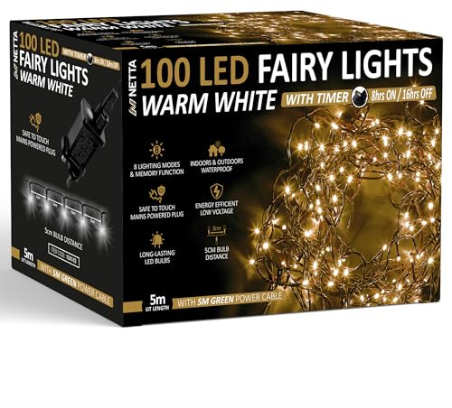 NETTA Christmas Tree Lights 100 LED 5m Fairy String Lights Plug in with Timer and Memory Functions for Outdoor/Indoor Use -Warm White
