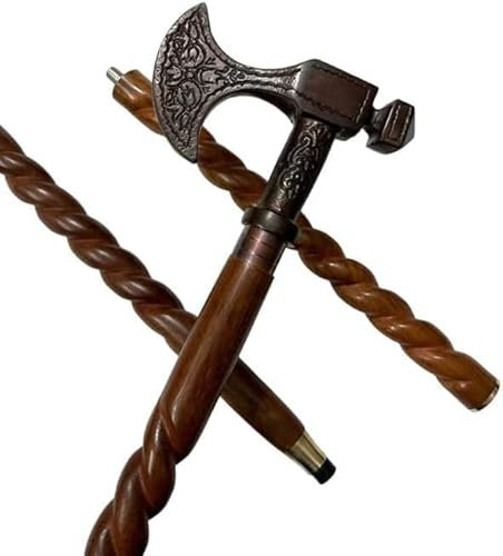 Decorative Walking Cane with Axe Handle Design, Brass Hardware, Twisted Wood Shaft, Brown