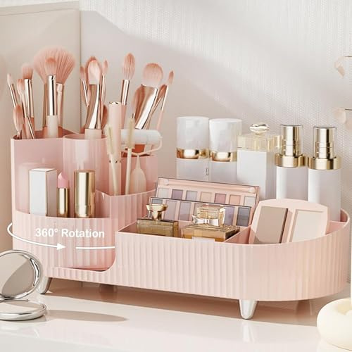 Suyoo 360° Rotating Makeup Organiser with Brush Holder,Large Capacity Cosmetic Display Case for Vanity,Countertop,Bedroom (Pink)