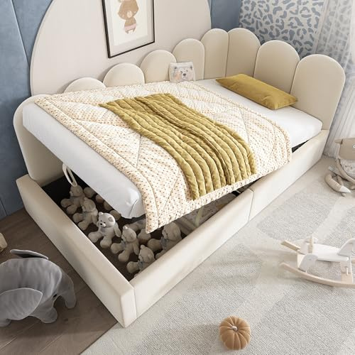 Polsterbett Tagesbett 90x200 Einzelbett mit hydraulisches Bettkasten, Stauraumbett Kinderbett Jugendbett Daybett Gästebett Schlafsofa Bettgestell mit Lattenrost aus Metall, Ohne Matratze, Samt, Beige