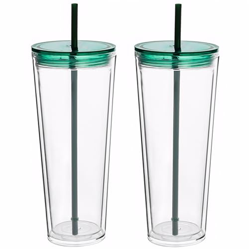 Yisituo 2 Pack 710ml Iced Coffee Cup, Plastic Tumbler with Straw and Lid, Reusable Double Wall Water and Cold Cups(2, Green)