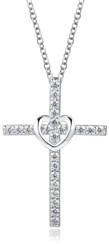 QUADRI 925 Sterling Silber Damen Kreuz Halskette - Rosenkranz oder großes Kreuz und Herz-Halskette 45 + 5 cm - Eleganter und einfacher Schmuck für Mutter Geschenk Mutter Freundin Schwester