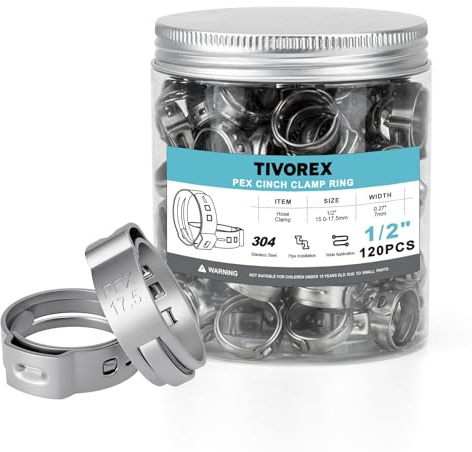 120 Pack 1/2 Inch PEX Cinch Clamps Rings, 304 Stainless Steel PEX Crimp Rings, Pinch Clamps for PEX Tubing Pipe Fittings Connection