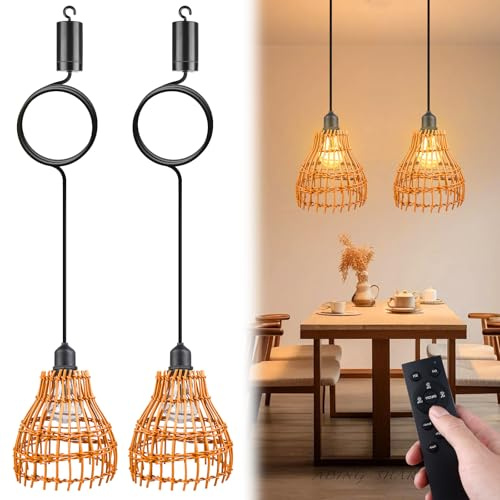 PORFOYO 2 Stück Hängelampe mit Batterie，Hängelampe Outdoor, Boho Rattan Hänge lampe mit Fernbedienung, Hängeleuchte Rattan, Boho Lampe für Garten Balkon Pavillon Küche，Pendelleuchte Wasserdicht