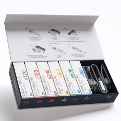 HOZO NeoBlock Premium Gift Set – 1 Handle + 3 Interchangeable Heads (Basic, Pro, Expert) with 60 Abrasive Belts (Grit 120/180/240/400/600/800, 10 of Each), Gift Packaging for the
