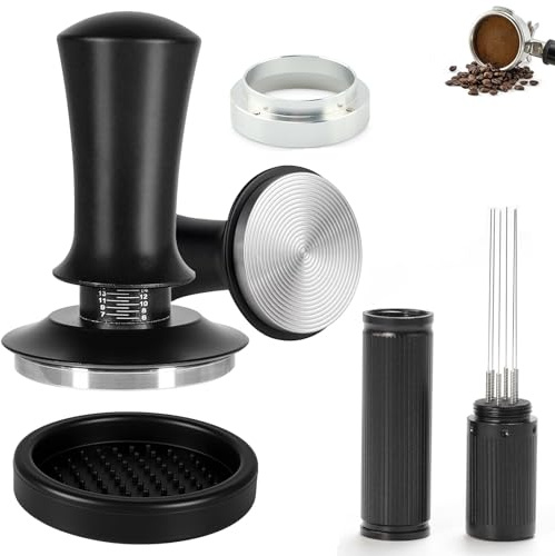 Juego de 4 prensadores de café de 51 mm, regulador de presión, base de acero inoxidable de 51 mm, herramienta WDT con 6 agujas, acero inoxidable