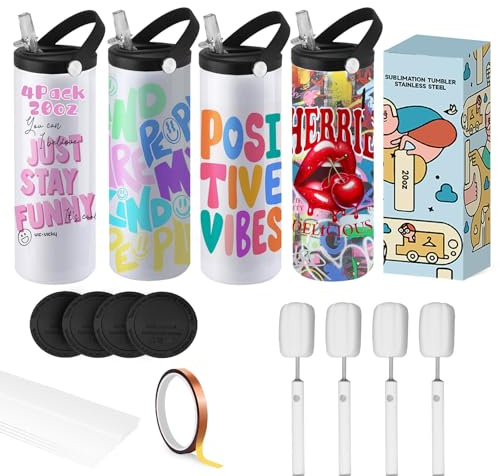 Cafultgo Sublimation Cups 4 Pack Sublimation Water Bottle 20 Oz Stainless Steel Tumbler Straight Sports Bottles Mugs with Portable Sippy up Lid with Straw,for Tumbler Heat Press