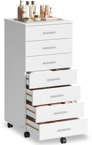 VASAGLE CUSTOS Collezione - Cassettiera da Ufficio con 7 Cassetti, Mobile con Ruote per Documenti, Mobiletto Porta Stampante, Guide per Cassetti Senza Viti, per Studio, Bianco Nuvola OFC085WB02