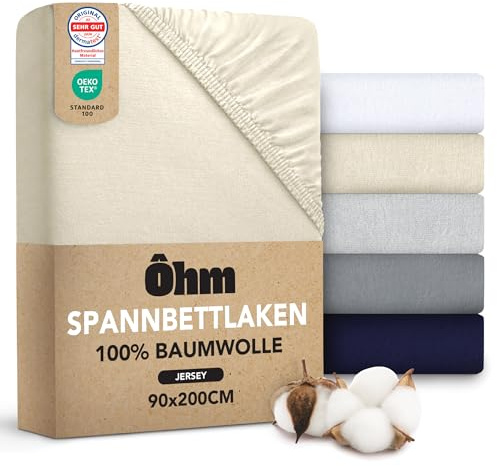 Ôhm Spannbettlaken 90x200 Beige – Jersey Spannbetttuch 100% Baumwolle Elastisch – Weich & Atmungsaktiv – Steghöhe 28 cm für Hohe Matratzen – Oeko-TEX
