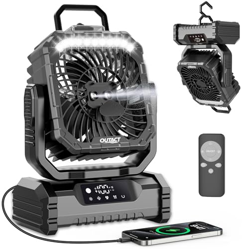Deepoter Ventilador Camping Recargable con Nebulizadory Luz LED - Negro | 20000mAh,Portátil USB Silencioso, Oscilación Ventilador Batería para Tienda, Caravana, Supervivencia, Oficina, Exterio