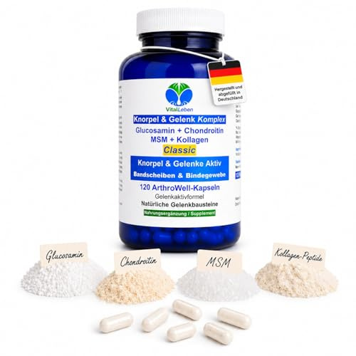 Knorpel & Gelenke Komplex Classic 120 ArthroWell Gelenk-Kapseln - Natürliche Gelenkbausteine Glucosamin + Chondroitin + MSM + Kollagen. 26440-120