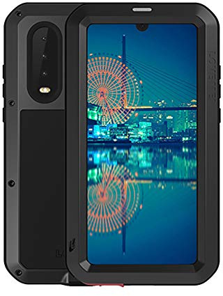 FONREST Ganzkörper Hülle für Huawei P30, Love MEI 6,1-Zoll Schwerlast Hybride Aluminium Metall Stoßfest Schneesicher Staubdicht Case mit Hartglas, Unterstützt Wireless Charging (Schwarz)