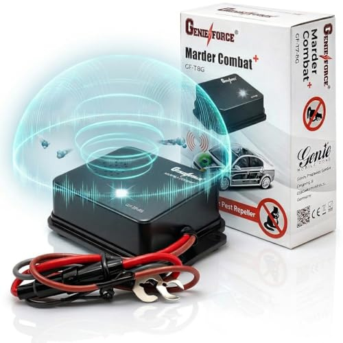 Genieforce® Marder Combat+ Smart répulsif anti-martres Appareil à ultrasons pour voiture | Montage facile | Ultrasonic | Étanche | Connexion de batterie de voiture – GF-T7-8G