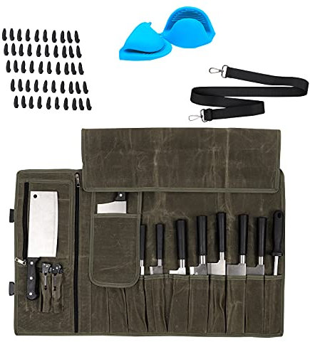 AONELAS Waxed Canvas Chef’s Knife Roll Bag,Army Green Knife Wrap,Portable Knife Roll, Waterproof Pocket Knife Carrier,Durable 16oz Knife Case with Adjustable Shoulder Strap