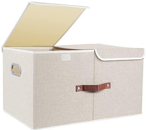 TYEERS Extra Grande Boîte de Rangement avec Couvercles à Compartiments, Pliable, Lavable, Bac de rangement Tissu, 55x33x30 cm, Lot de 1, Beige