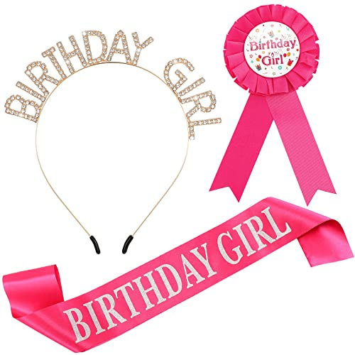 Geosar Birthday Girl Crown and Dress up Set - Sash Ribbon Medal Gold Rhinestone Tiara Headband Gifts for Women Kid Girls Birthday Party Sweet Happy Accessories