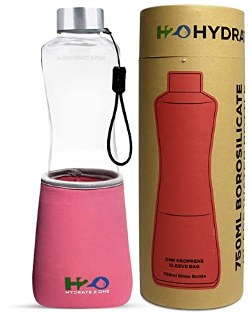 HYDRATE 2.ONE Glasflasche 750ml Auslaufsicher | Trinkflasche Kohlensäure Geeignet | Borosilikatglas Bruchsicher Spülmaschinenfest | Wasserflasche Glas Für Unterwegs | Water Bottle (Rosa)