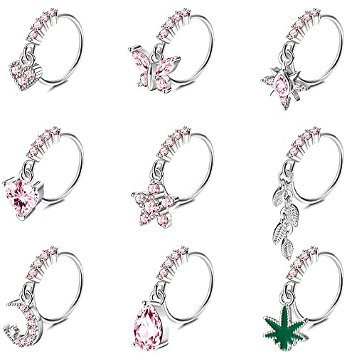 Kakonia 9 Stück Nasenpiercing für Damen Herren Edelshtahl Baumeln Nasenpiercing Ring Dangling Herz/Rosa CZ/Mond/Schmetterling Nasen Piercing Schmuck