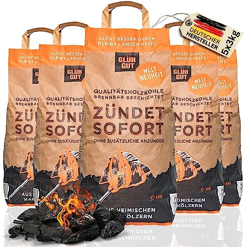 Premium Grill Holzkohle - inkl. biobasierter Anzündbeschichtung - aus Eiche & Buche - Glühgut Grillkohle für Kohle Grills | 15kg - 5x3kg