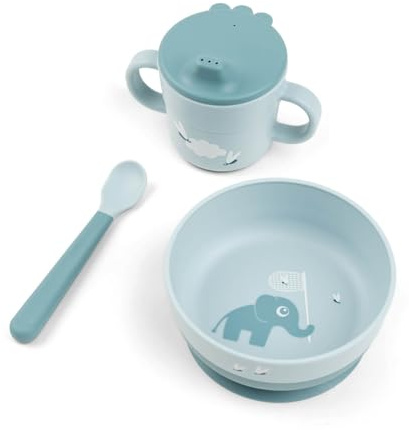 Done by Deer Foodie first meal Geschirr-Set Elphee Blau - Praktische kindergeschirr - baby löffel, Schüssel mit saugnapf und Trinkbecher, 100% PP in Lebensmittelqualität mit rutschfestem TPE