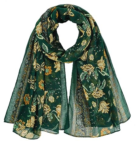 GoGou Ladies Scarf, Lightweight Floral Scarves Long Shawl Wrap Dark Green for Spring Summer Autumn 85 x 180 cm