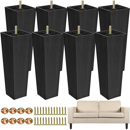 TURSTIN 8 Pack 8 Inch Furniture Legs Plastic Sofa Couch Legs Square Tapered Feet Sofa Legs with M8 T-Nuts Screws for Legs Sofas Chairs Cabinets Dressers Beds, Black
