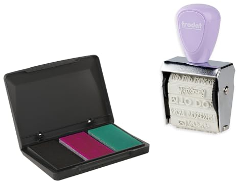 Trodat Creative Mini Stempel Set Bullet Journal zum kreativen Gestalten – 12 Abdrucke, Deutsch, Kreativstempel in Pastelllila inkl. Stempelkissen in Pink, Schwarz, Grün, 30x5 mm