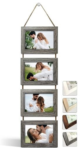 NEOWS Bilderrahmen Collage für Mehrere Bilder - Dekorative Bilderrahmenset zum Aufhängen an der Wand - Mehrfach Fotorahmen Hochformat mit Schnur für 10x15 Fotos (Eiche Grau, 4 Horizontale Fotos)