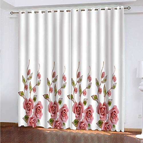 MAYNUO Blickdichte Vorhänge Mit Motiv 3D Rosa Rosen Rebe Kinder Gardinen Blickdicht Ösen Gardine Thermo 264x214 cm Schlafzimmer Kinderzimmer Vorhänge Dekoratives Muster, Verdunklungsvorhänge