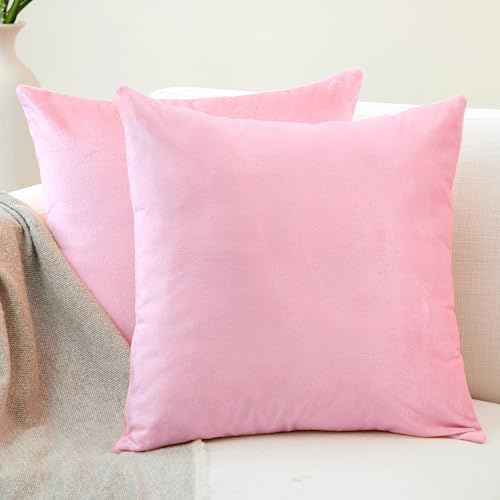 Encasa XO Samt Kissenbezug, Sofakissen ohne Füllung 45x45 cm | Hell-Pink, Pillingresistent & Knitterfrei | Unsichtbarer Reißverschluss | Pflegeleicht & Farbecht | Quadrat | 2er Set