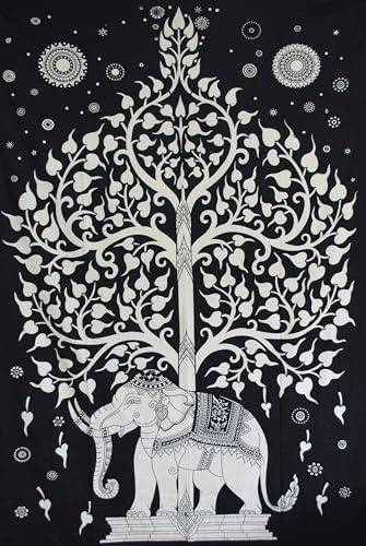 AVA Collections Large Wall Hanging Tapestries Cotton Boho Trippy Twin Tapestries Mandala Elephant Wall Art Hippie Bohemian Tapestry 85x54 inches (Tree of life-Elephant-White)