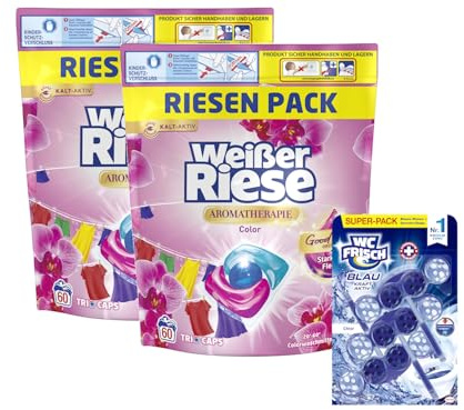 Weißer Riese Color Trio-Caps A-Th. Orchidee & Macadamiaöl (1x 120 WL), Color Waschmittel mit Good Mood-Duft & WC FRISCH Kraft-Aktiv Blauspüler Chlor, 1x 150 g